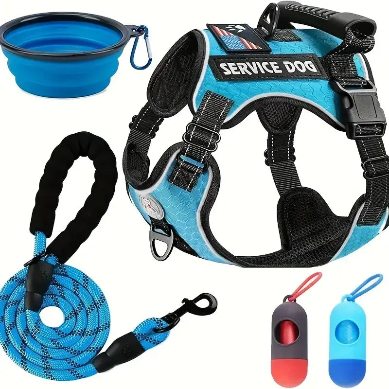 Dog Pet Chest Harness Set with Folding Bowl Traction Rope & 2 Garbage Bags Explosion Proof Shock Absorption Dog Vest Towing Rope