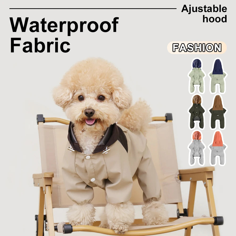 Dog Stormcoat with Traction Bucklefor Small & Medium Pets Four Legged Hooded Sweatshirt Waterproof Windproof Raincoat